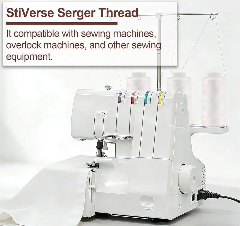 StiVerse 4 Pack White Sewing Thread, Serger Thread Cones of 3000 Yards Each, All Purpose Polyester Sewing Serger, Quilting, Piecing, Overlock Machine - Image 2
